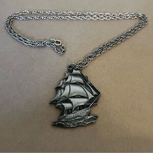 Vintage pewter CM&D sailing ship pendant necklace